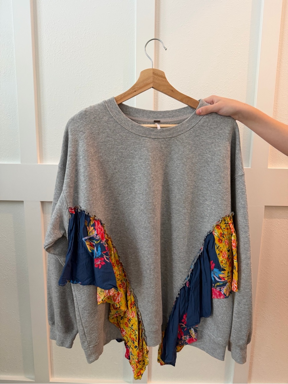 Free People Gray Sweatshirt with Navy & Yellow Floral Ruffle Panels